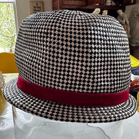 Vintage Mr John Classic Straw Hat Red Velvet Berries Accent Black White Paris NY main image 10